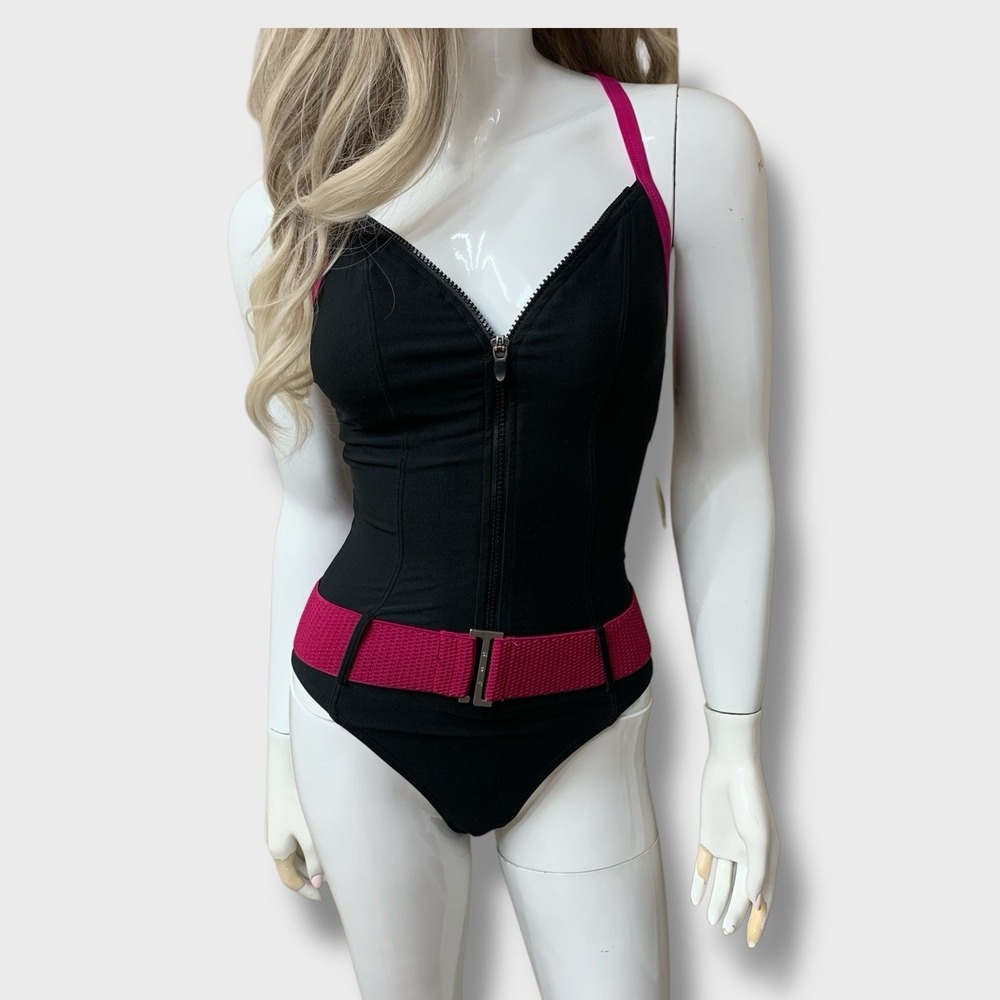 Vintage‎ JAG One Piece Swimsuit Black Purple Belt Zip Front Sz 6 S Strappy Back